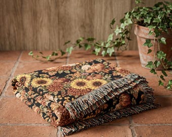 Cozy Autumn Sunflower Pattern Woven Blanket. Rustic Boho Floral Throw. Fall Gift Idea.