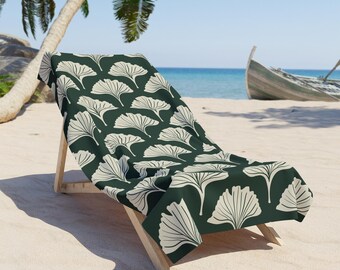 Ginkgo Leaf Pattern Beach Towel | Botanical Fan Leaves, Coastal Green