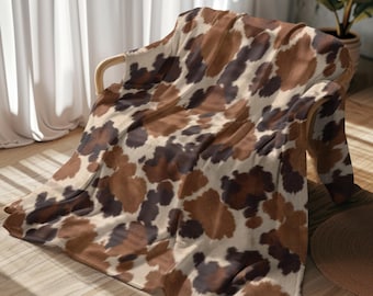 Brown Cowhide Pattern Velveteen Plush Blanket. Modern Rustic Farmhouse Throw. Best Gift Idea.