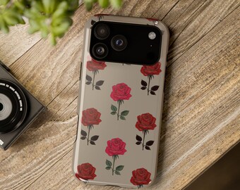 Taupe Watercolor Red Rose Pattern Phone Case | Magnetic Impact-Resistant Case | Gift Idea for Rose Lover