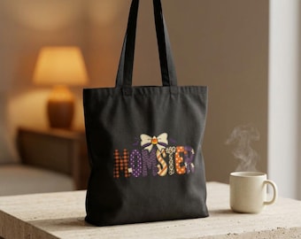 Momster Halloween Tote | Cute Spooky Mom Bag, Purple Orange Bat Design