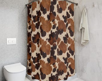Brown Cowhide Pattern Shower Curtain. Western Farmhouse Bathroom. Modern Rustic Design. No Hooks.