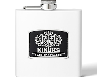 Petaca Kikuks con escudo y coordenadas | Acero inoxidable de 177 ml (6 oz)