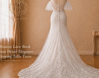 Illusie zeemeermin trouwjurk met kanten achterkant, bruidsjurk met knopen, afneembare tule mouwen, jurk met bloemenprint