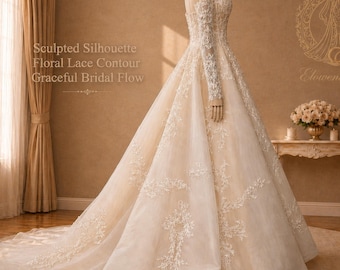 Vestido de novia de corte A con mangas, vestido de novia esculpido, encaje floral, vestido de tul color champán, elegante