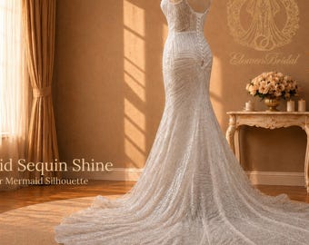 Sparkly Mermaid Bridal Dress, Sequin Wedding Gown, Luxury Fitted, Glam Gown with Train, Elegant Look