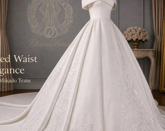 Vestido de novia italiano de mikado con cola catedral, vestido de novia de satén de lujo, vestido de baile de alta costura bordado