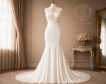 Deep V Lace Wedding Dress Mermaid Bridal Gown, Illusion Tulle Low Back Dress, Elegant Minimalist Fit and Flare Wedding Dress