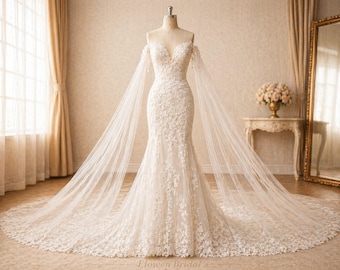 Detachable Off Shoulder Wedding Dress Mermaid Lace Bridal Gown with Train, 3D Floral Appliqué, Sequin Tulle Sleeves