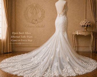 Backless Mermaid Wedding Dress, Open Back Lace Bridal Gown, Long Tulle Train, Elegant Ivory, Custom Made