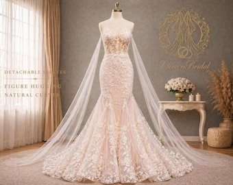 Vestido de novia de sirena color rosa empolvado con encaje, vestido de novia sin tirantes, mangas de capa de tul desmontables, vestido romántico de corte ajustado y acampanado con cola.