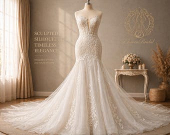 Vestido de novia de encaje estilo sirena, escote en V profundo, espalda ilusión con botones, corpiño ajustado, cola de tul, vestido romántico y elegante.