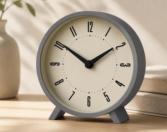 Venus Desk Clock | Modern Round Retro Design | Stylish Gray Clock for Shelf, Table, Mantel, or Bedside | Minimalist Home Office Decor