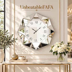 Puede incluir: Un gran reloj de pared octogonal con un marco de espejo que presenta paneles de vidrio biselado geométricos. La esfera blanca muestra números romanos negros y dos manecillas negras finas. El texto UnbeatableFAFA aparece sobre el reloj.
