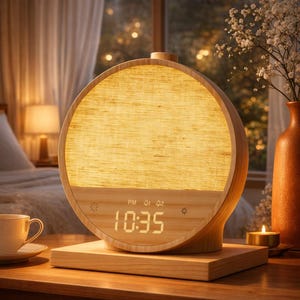 May include: A wooden digital alarm clock with a circular, illuminated face. The clock shows the time as 10:35 PM in a digital format. The clock is on a wooden base, with a cup and saucer in the foreground.
