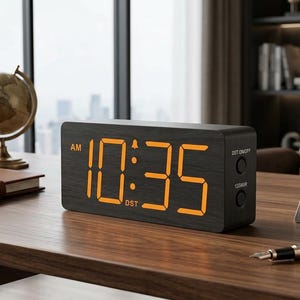 May include: A black digital alarm clock displaying 10:35 AM with orange numerals. The clock has a wood grain texture and sits on a wooden desk. A globe, notebook, and pen are also on the desk.