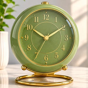 May include: A round sage green table clock with a gold-toned circular base and matching gold-toned hands and numerals. The clock face features a clear glass cover, a smooth green dial, and a small gold button at the top of the outer frame.