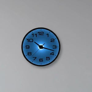 May include: A round wall clock with a black frame and a blue face. The clock has black numerals and hands. The clock is mounted on a light gray wall.