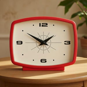 May include: A retro-style red clock with a cream-colored face. The clock features black numerals at the 3, 6, 9, and 12 o'clock positions, with black hands and a starburst design in the center. The clock is rectangular with rounded corners.
