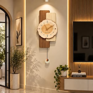 May include: A wall clock featuring a circular, light-colored wood slice face with natural bark edges, black numerals, and the text "Good time" printed in the center. The clock is mounted on two vertical rectangular wood panels and has a pendulum.