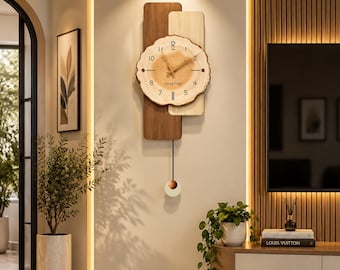 Pendulum Wall Clock 25 Inch Wooden Decorative Clock, Silent Non Ticking Modern Wall Decor for Living Room Bedroom Home Office