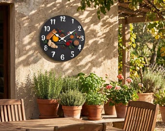 Spices Kitchen Wall Clock | Black Silent Wooden Clock | Creative Chef Home Decor | Cooking Gift