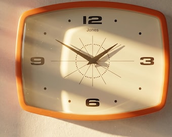 Orange Retro Mid-Century Rectangular Wall Clock | Jones 10 Inch Starburst Dial