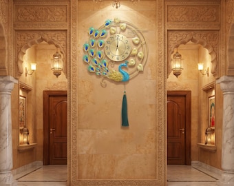 Large Peacock Wall Clock | Gold Blue Metal Art, Silent Living Room Decor (58x100cm)