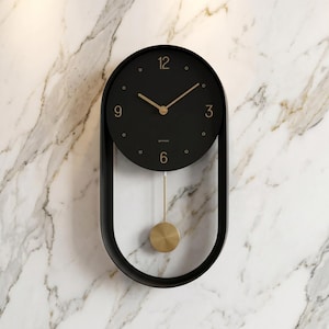 Black Gold Pendulum Wall Clock | Modern Minimalist Metal Clock | Living Room Decor | 15.5 Inch