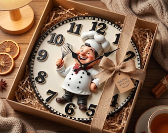 Chef Kitchen Wall Clock | Cartoon Whisk Cook Decor | Silent Wood Composite 10 Inch