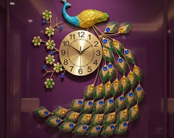 Large Peacock Wall Clock | Gold Metal Art with Blue Crystal Accents, Silent Movement