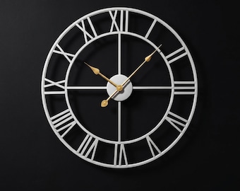 Large 24 Inch White Metal Wall Clock | Roman Numerals, Silent Gold Hands