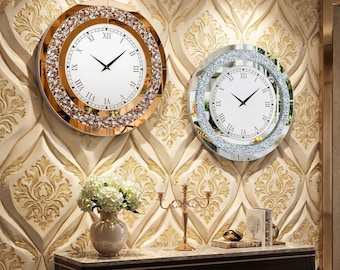 Large Crystal Diamond Mirrored Wall Clock – Glam Roman Numeral Silent Quartz (24 Inch)