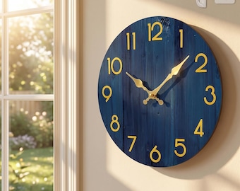Navy Blue Wood Wall Clock | Gold Numerals | Silent Battery Operated (8, 10, 12 Inch)