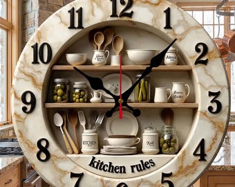 Wooden Kitchen Rules Wall Clock | Farmhouse Silent Timepiece Home Decor