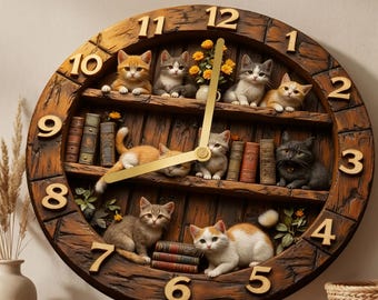 Kitten Bookshelf Wall Clock | Rustic Wooden Cat Lover Decor (12 Inch)