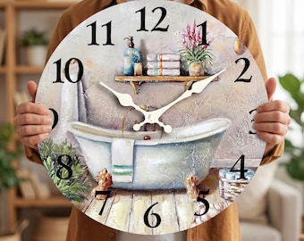 Vintage Bathtub Wall Clock | 8 Inch Wooden Silent Clock | Bathroom Decor | Cottage Home Gift