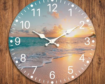 Beach Sunset Wooden Wall Clock | 8 Inch Silent Ocean Scene Clock | Coastal Home Decor Gift