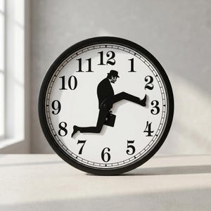 May include: A black and white wall clock with a unique design. The clock face features a running businessman silhouette as the second hand. The clock has a black frame and white face with black numerals.