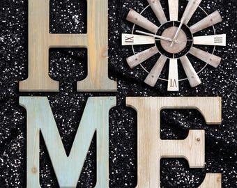 HOME Windmill Wall Clock Sign | Farmhouse Rustic Wood Letter Decor | Living Room Entryway Gift