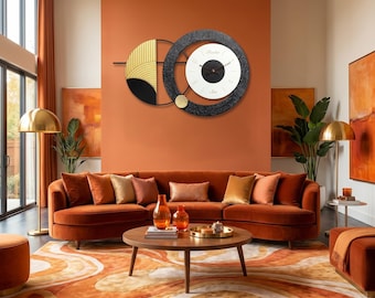 Large Geometric Metal Wall Clock | Black Gold Modern Living Room Decor (26x16 Inch)