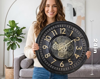 24 Inch Moving Gear Wall Clock | Industrial Steampunk Black Gold | Silent Living Room Decor