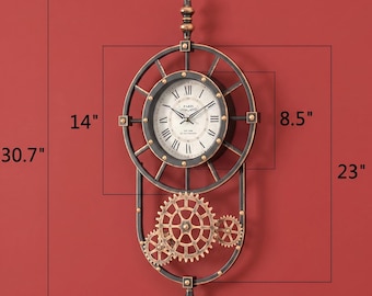 Steampunk Wall Clock | 23x14 Inch Vintage Gold Black Metal | Industrial Gear Living Room Decor