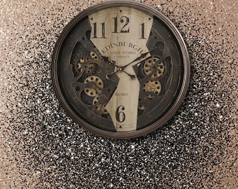 Large 30 Inch Gear Mechanism Wall Clock | Vintage Industrial Brown | Living Room Statement Decor