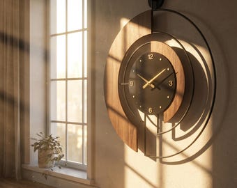 Large Walnut Wood Marble Wall Clock | Silent Metal Frame | Modern Living Room Decor | 50x55cm