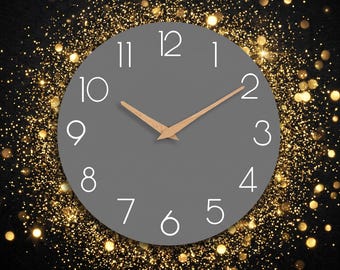 Grey Silent Wall Clock | Wood Hands | 5 Sizes | Modern Minimalist Bedroom Kitchen Office Decor