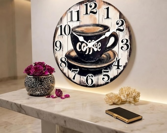 Vintage Coffee Wall Clock | Rustic Kitchen Clock | 4 Sizes | Silent Battery Operated Cafe Decor