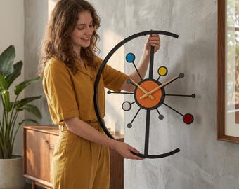 Mid Century Modern Starburst Wall Clock | 20 Inch Atomic Retro Metal Clock | Silent Battery