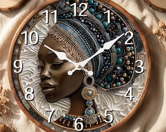 African Woman Portrait Wall Clock | Silent Wooden Art Clock | Afrocentric Home Decor Gift