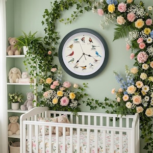 Singing Bird Clock | 13 Inch | Hourly Bird Songs, Light Sensor, Matte Green Frame